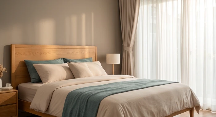 Phòng ngủ yên tĩnh với đầu giường gỗ tự nhiên đặt hướng cát tường đem lại giấc ngủ sâu cho gia chủ 1959