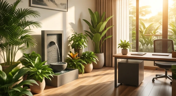 Không gian làm việc thanh lịch bài trí nhiều cây xanh và vật phẩm phong thủy hài hòa