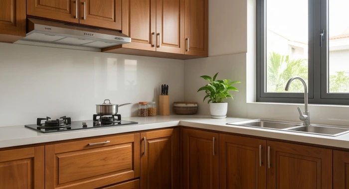 Không gian bếp thông thoáng với mặt bếp lò đặt tọa hung hướng cát chuẩn phong thủy cho gia chủ tuổi Mậu Tuất
