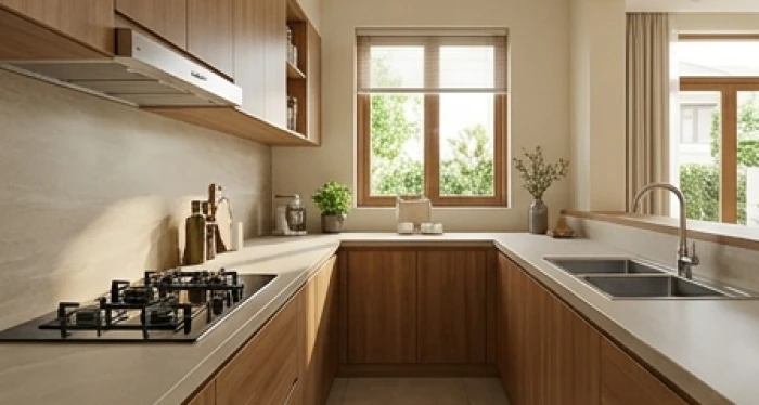 Gian bếp hiện đại bố trí khoảng cách chuẩn giữa bếp nấu và bồn rửa tránh xung khắc Thủy Hỏa cho tuổi Mậu Tý