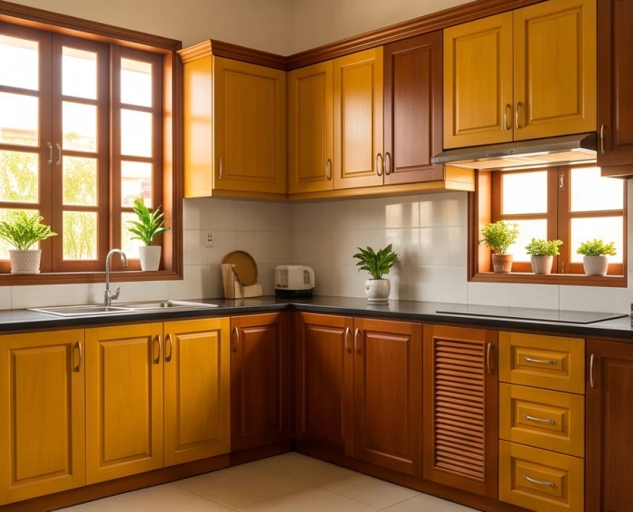 Khu vực bếp ấm cúng điểm xuyết nội thất gỗ nâu vàng giúp trung hòa năng lượng cho tuổi kỷ sửu 1949