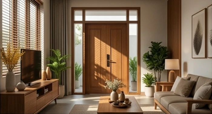 Không gian phòng khách ngôi nhà có cửa chính bị sát khí chiếu thẳng do bố trí sai phương hướng phong thủy