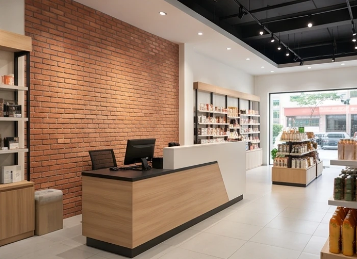 Quầy thu ngân cửa hàng được đặt ở góc chéo 45 độ với tựa lưng vào tường gạch chắc chắn giữ tài khí