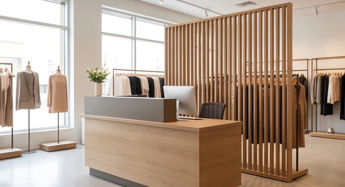 Quầy thu ngân đặt ở góc chéo 45 độ cùng vách ngăn bình phong gỗ sang trọng phía trước cửa hàng