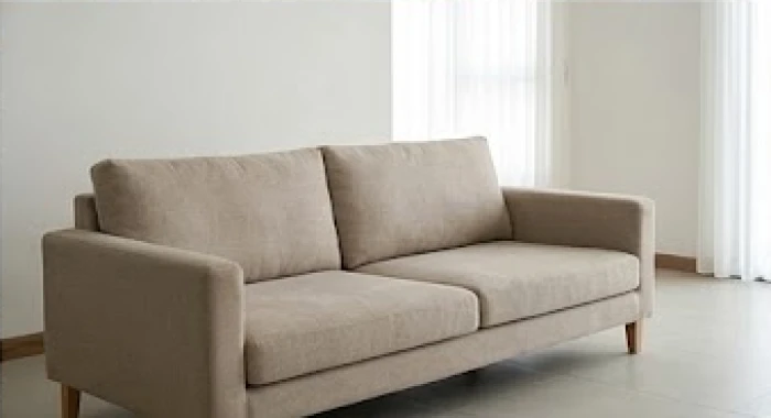 Bộ ghế sofa bọc nỉ màu trung tính đặt tại góc phòng khách sáng sủa với hướng nhìn bao quát lối ra vào