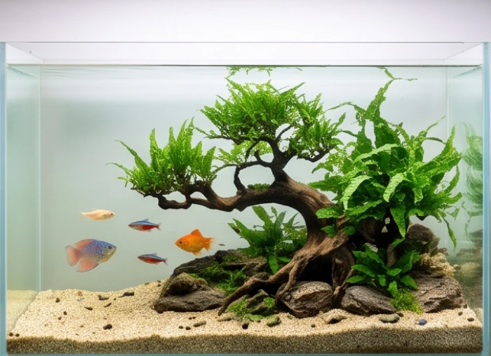 Tiểu cảnh hồ thủy sinh cân đối giữa nền đáy sỏi rêu xanh và màu sắc đàn cá