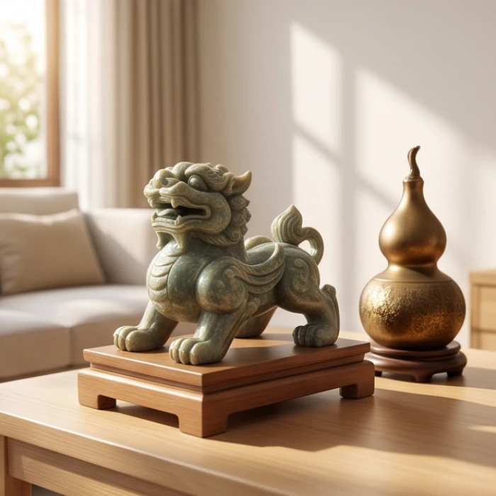 Tượng Tỳ Hưu bằng đá tự nhiên đặt trang trọng trên kệ gỗ hướng Tây Bắc giúp tăng cường sinh khí và hóa giải hung tinh