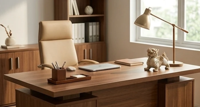 Tượng linh vật Tỳ Hưu đặt ở góc bàn làm việc thoáng đãng không bị che khuất bởi hồ sơ hay màn hình