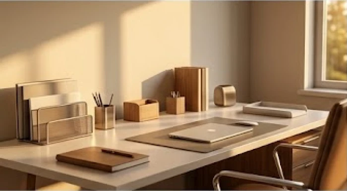 Bàn làm việc được sắp xếp gọn gàng với tông màu sáng và điểm nhấn gỗ tự nhiên mang lại cảm giác bình yên