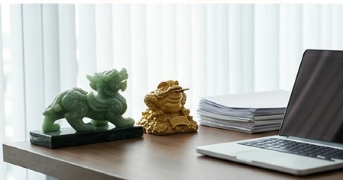 Vật phẩm phong thủy thiềm thừ và tỳ hưu đặt tại góc tụ tài trên bàn làm việc doanh nhân tuổi dần
