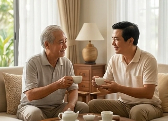 Khoảnh khắc cha cùng con cháu trò chuyện ấm cúng bên bàn trà thể hiện gia đạo thuận hòa khi các thế hệ hợp mệnh nhau
