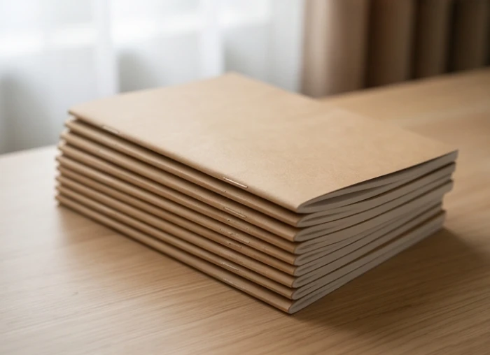 Sách vở được bọc bằng giấy kraft màu nâu sậm giúp cân bằng năng lượng trên bàn học