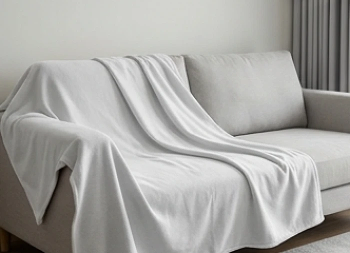 Khăn phủ sofa màu trắng xám nhạt được trải lên bộ ghế giúp điều hòa màu sắc phong thủy cho phòng khách
