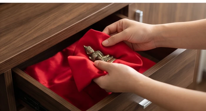 Tượng kim loại xung khắc được bọc cẩn thận trong tấm vải lụa đỏ đặt vào bên trong ngăn tủ gỗ sạch sẽ để hóa giải