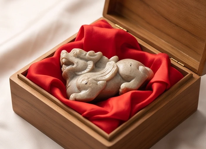 Khối Tỳ Hưu phong thủy nứt vỡ được gói cẩn thận trong nhiều lớp vải đỏ mềm mại trước khi cất giữ vào hộp gỗ kín đáo