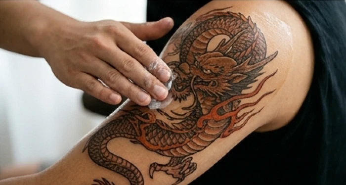 Bàn tay nhẹ nhàng thoa lớp kem dưỡng chuyên dụng lên vùng hình xăm rồng mới trên bắp tay để bảo vệ màu mực