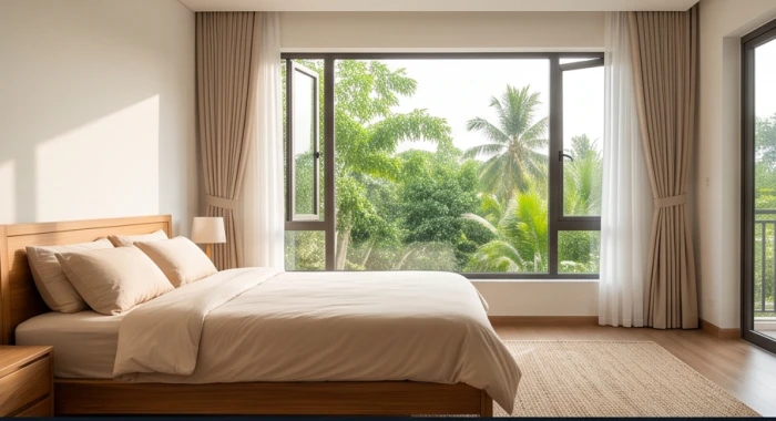 Phòng ngủ tràn ngập ánh sáng tự nhiên với góc kê giường đón cung Sinh Khí giúp gia chủ phát triển tài lộc