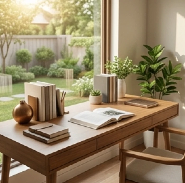 Góc làm việc ngập tràn ánh sáng tự nhiên được bố trí chuẩn theo bốn hướng cát của Tây tứ mệnh cho nữ cung Đoài