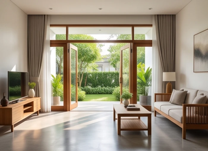 Không gian phòng khách rộng rãi tráng lệ với cửa lớn hướng đón luồng sinh khí tự nhiên