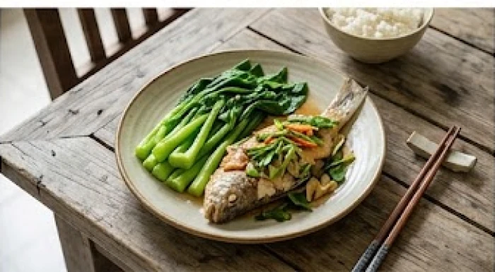 Bữa ăn lành mạnh với rau luộc và cá hấp được bày biện gọn gàng đẹp mắt