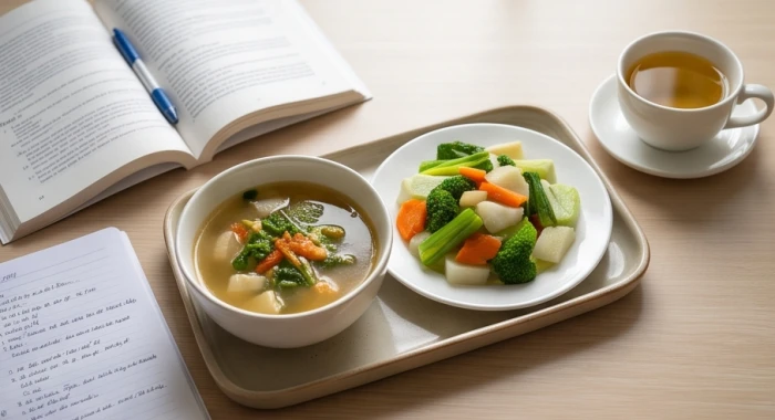 Bữa ăn lành mạnh chia nhỏ giàu dinh dưỡng bên bàn học hỗ trợ bảo vệ hệ tiêu hóa cho học sinh nam mạng 2007