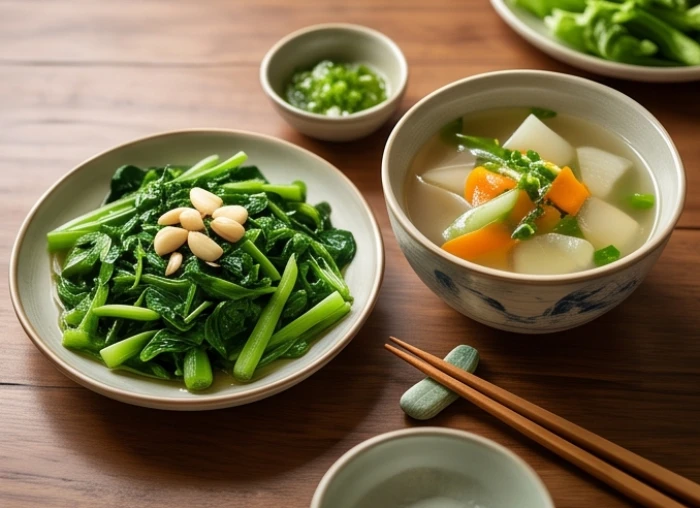 Bữa ăn chay thanh đạm với nhiều rau xanh và canh củ quả tốt cho hệ tiêu hóa người cao tuổi