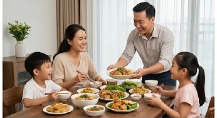 Gia đình nhỏ quây quần vui vẻ bên mâm cơm ấm cúng thể hiện sự viên mãn trong độ tuổi trung vận
