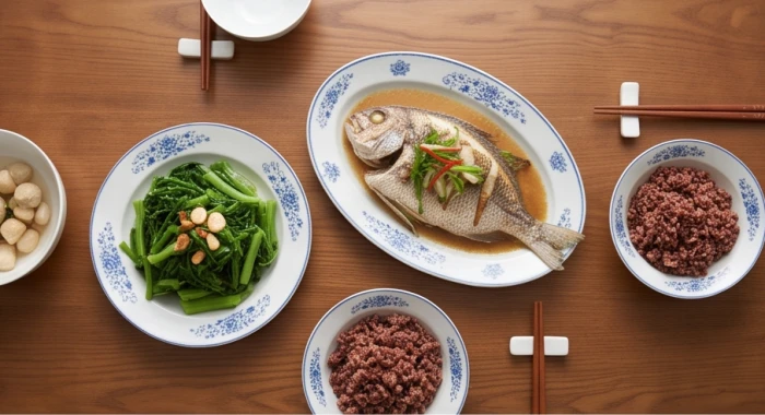 Bữa ăn gia đình ấm cúng với các món hấp luộc hợp vệ sinh giúp bảo vệ hệ tiêu hóa cho nam giới Kỷ Dậu 1969