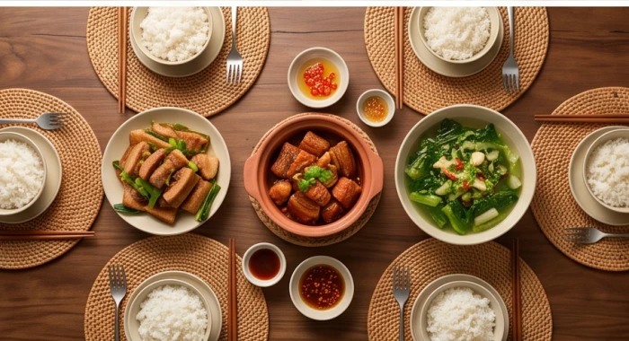 Bàn ăn gia đình với các món ăn truyền thống Việt Nam được bày biện tươm tất dọn sẵn chờ các thành viên