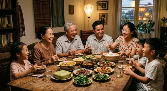 Bữa cơm gia đình ấm áp gắn kết tình cảm giữa các thành viên dịp cuối tuần thảnh thơi