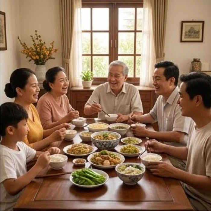 Các thành viên nhiều thế hệ quây quần vui vẻ bên mâm cơm gia đình mang đậm nét văn hóa Việt