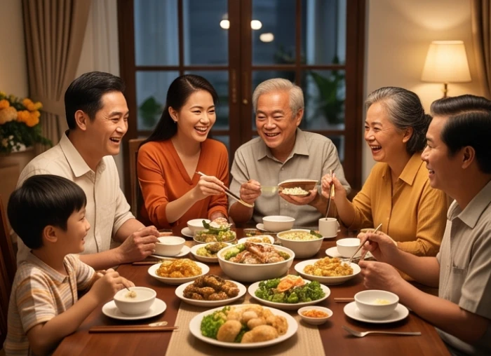 Các thành viên trong gia đình cùng nhau quây quần thưởng thức bữa cơm tối ấm cúng và tràn ngập tiếng cười