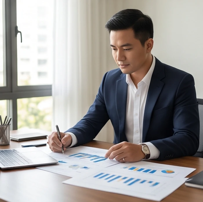 Doanh nhân nam giới tập trung xem xét kế hoạch kinh doanh tại văn phòng làm việc hiện đại