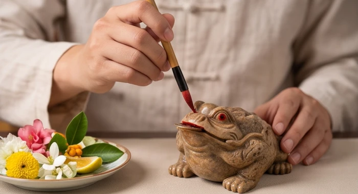 Nghi thức dùng bút lông nhỏ chấm chu sa pha rượu trắng điểm nhẹ vào hai mắt thiềm thừ đá khi khai quang