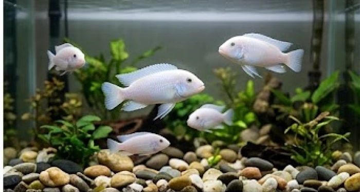 Cá Ali trắng toát bơi uyển chuyển trong bể kính được trang trí với sỏi tự nhiên và rong đuôi chó.
