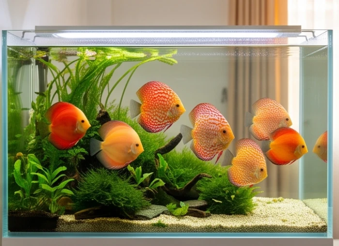 Đàn cá dĩa đỏ rực rỡ bơi lội giữa thảm thực vật thủy sinh xanh mướt dành cho tuổi Bính Dần