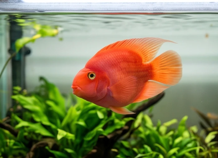 Đàn cá Huyết Anh Vũ toàn thân màu đỏ cam rực rỡ bơi lội bên dưới tán cây thủy sinh xanh tốt