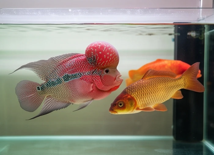 Con cá La Hán với chiếc đầu gù đỏ thắm bơi cạnh cá chép đỏ vàng trong bể thủy sinh kiên cố