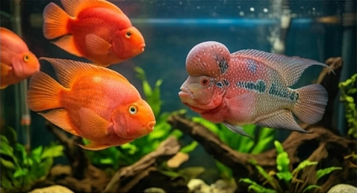 Đàn cá huyết anh vũ đỏ rực và cá la hán bơi khỏe khoắn trong bể nước trong suốt hợp mệnh Hỏa