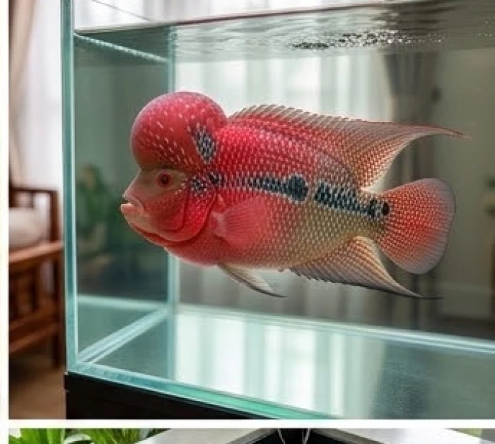 Cá La Hán màu đỏ rực rỡ bơi khỏe mạnh trong bể kính cá nhân với hệ thống lọc nước sạch sẽ