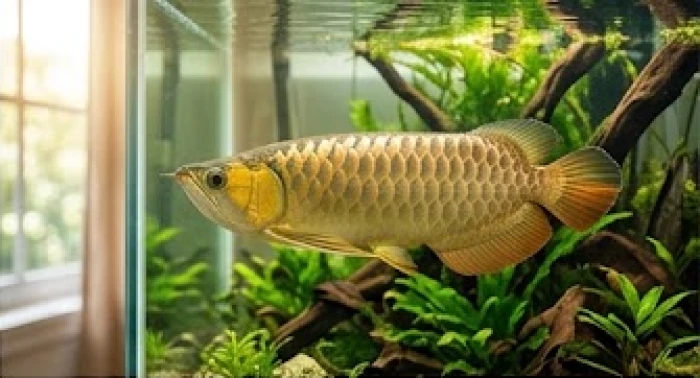 Cá rồng vàng kim bơi khoan thai trong bể thủy sinh đẹp mắt tại phòng khách
