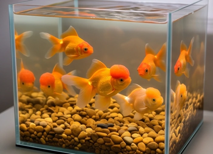 Đàn cá vàng vương miện Oranda màu vàng cam sậm bơi lội trong hồ cá của gia chủ tuổi Mậu Dần