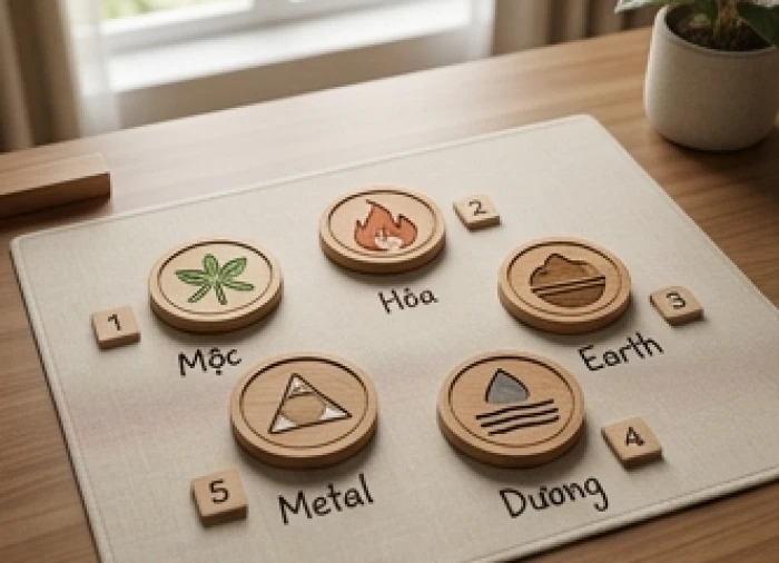 Biểu đồ phân loại năm hành kim mộc thủy hỏa thổ cùng nhóm số tương ứng đặt trên bàn làm việc