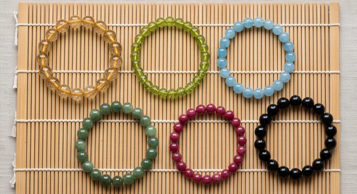 Bộ sưu tập vòng tay đá phong thủy đa sắc gồm thạch anh tóc vàng ruby và aquamarine cho các mệnh tuổi hợi