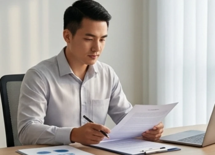 Nhân viên văn phòng cẩn trọng kiểm tra chi tiết các điều khoản hợp đồng trên bàn làm việc tĩnh lặng