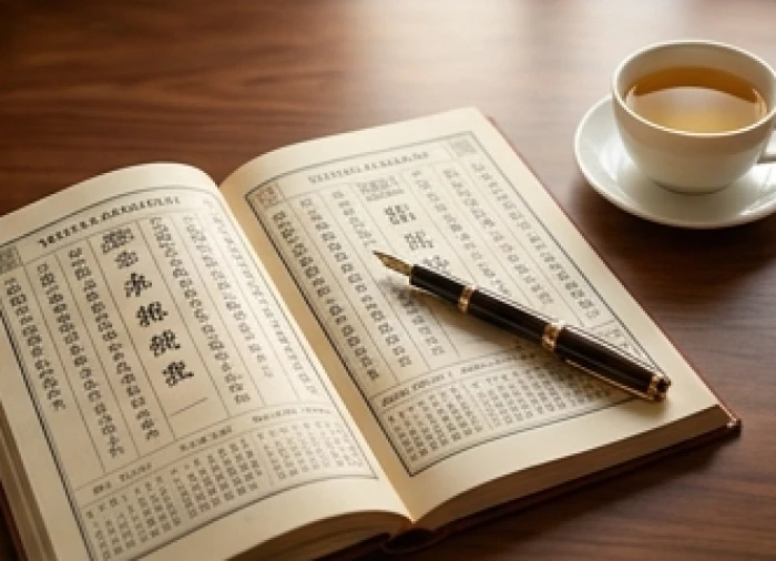 Sổ tay ghi chép lịch âm dương và mốc tuổi hạn tuổi Dần trên bàn trà thanh tịnh giúp lập kế hoạch phòng rủi ro
