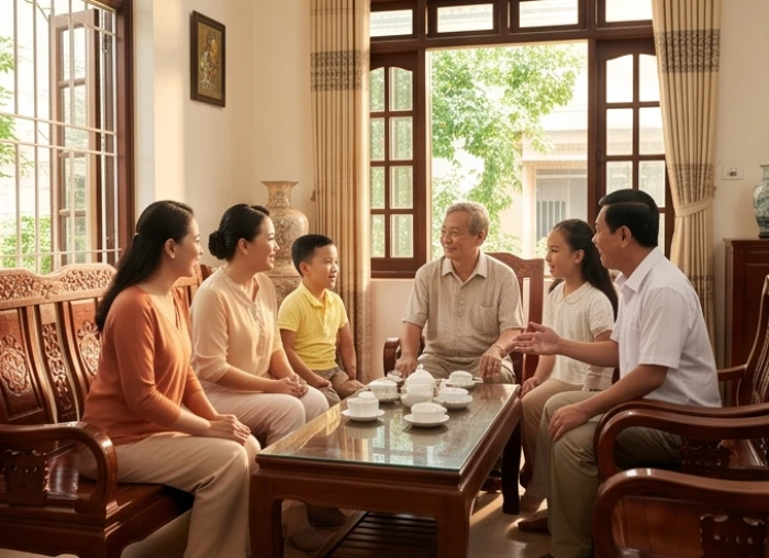 Gia đình đa thế hệ người tuổi Tuất quây quần đàm đạo chia sẻ kinh nghiệm tử vi tuổi tuất trọn đời