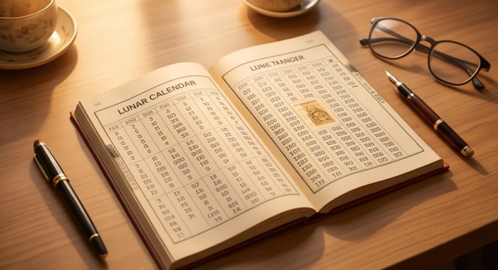 Cuốn lịch âm bàn gỗ mở ra ghi chú cẩn thận những thời điểm cần chú ý trong năm