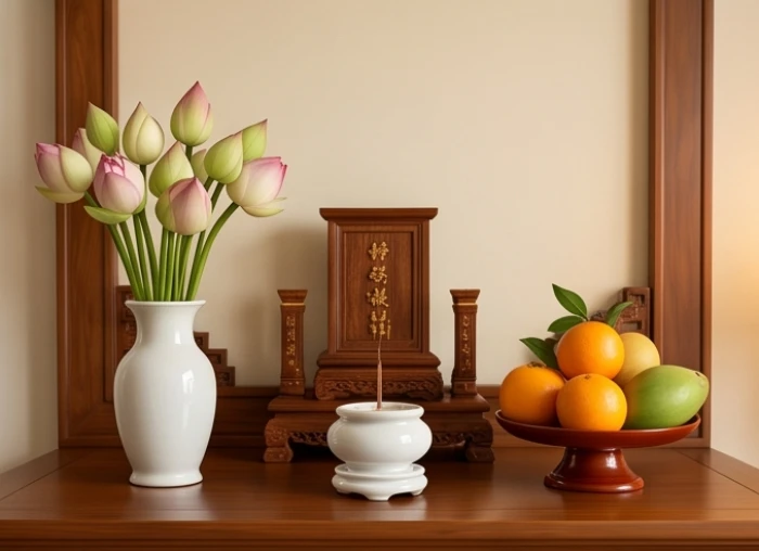 Cách sắp xếp bình hoa sen và đĩa quả theo quy tắc Đông bình Tây quả trên tủ thờ trang nghiêm