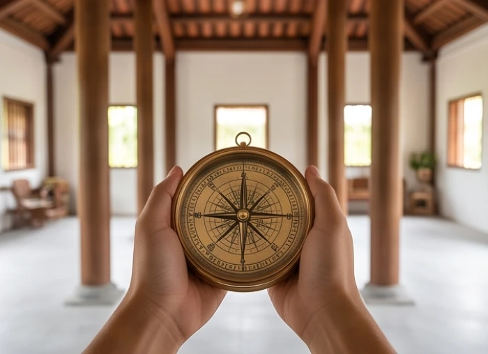 Người cầm la bàn trên tay giữ thẳng bằng ngang hông tại tâm nhà để chuẩn bị đo tọa độ hướng nhà